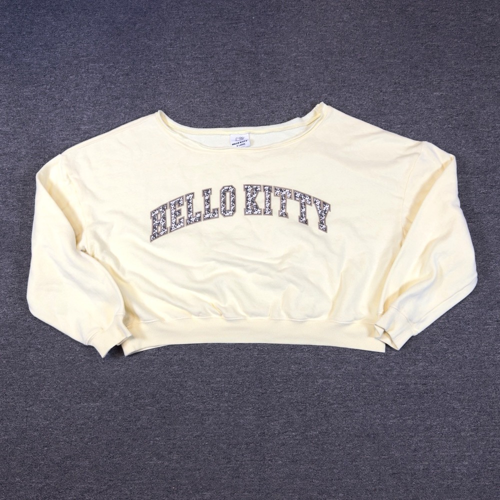 Hello Kitty Women's XL Yellow Cropped Oversized Sweatshirt Cow Print Graphic